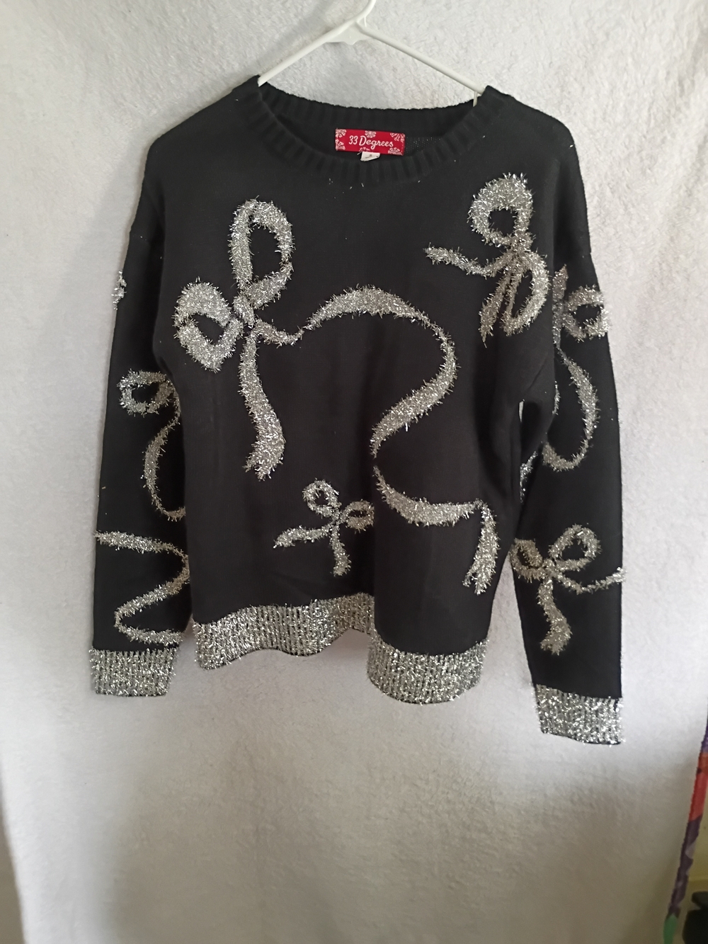 32 Degrees Black Sweater with Silver Tinsel Bow Accents